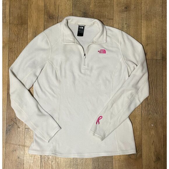 The North Face Women’s L-XL White Fleece Quarter Zip Pullover Pink Ribbon - Picture 2 of 15